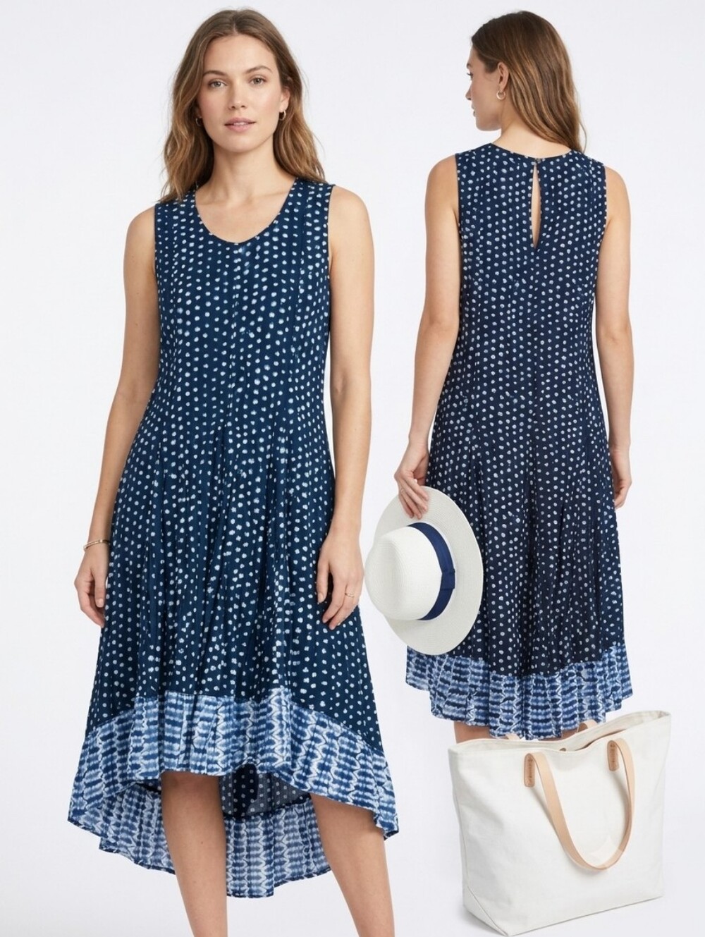 Nwt Cino Crinkle Cotton Blue White Polka Dot Dress High Low Hem Tie Dye